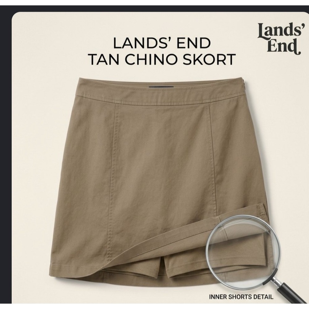 Lands End Womens Tan Chino Skort Khaki Cotton Blend Side Zip Shorts Size 14